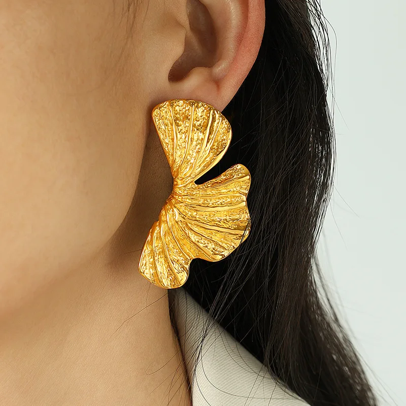 Exquisite Exaggerate Stainless Steel Fan Shape Drop Earrings Gold Color Textured Big Leaf Manual Thick Dangle Earring Jewelry