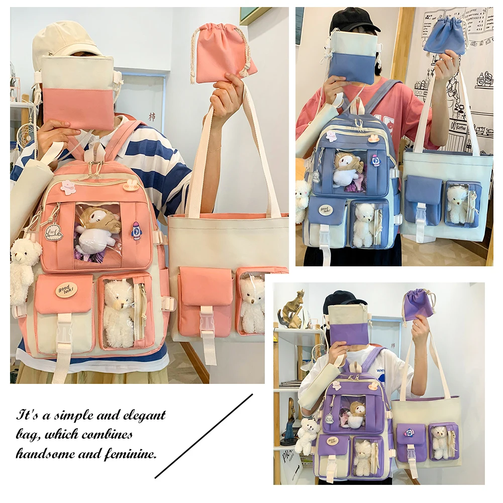 5pcs/set Canvas School Backpacks Multi-function Women Lovely School Bags for Girl Shoulder Bags Travel Commemoration Rucksack