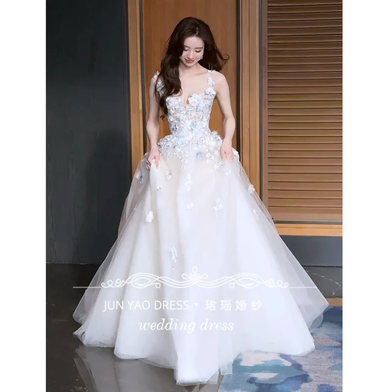 ชุดเดรสปักลายดอกไม้ ชุดเดรสเกาะอก ชุดแต่งงานหลัก ชุดหมั้น ชุดราตรีสำหรับเจ้าสาวตัวเล็ก ชุดราตรีสำหรับเจ้าสาว ชุดราตรีสำหรับงานเลี้ยงตอนเช้า ชุดราตรีสำหรับงานเลี้ยงตอนเย็น