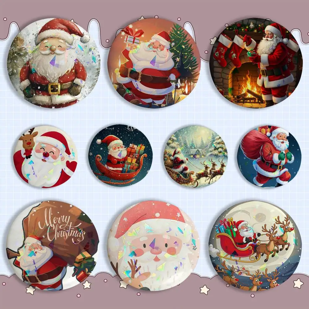 

cute s-Santa Claus Tree-es Reflective Pin Tinplate Round Brooch Cartoon Cosplay Badges for Bag Hat Toys Gifts