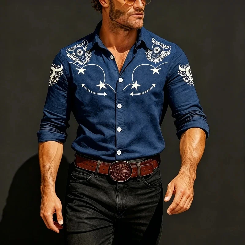 Men's Western-Style Five-Pointed Star Print Long-Sleeved Shirt, Collared Denim Shirt, Versatile Outdoor Men's Top