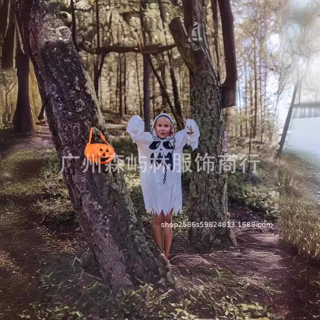 Halloween White Ghost Costume for Girls Glow In The Dark Cloak with Hood Children Elf Cosplay Cape for Party