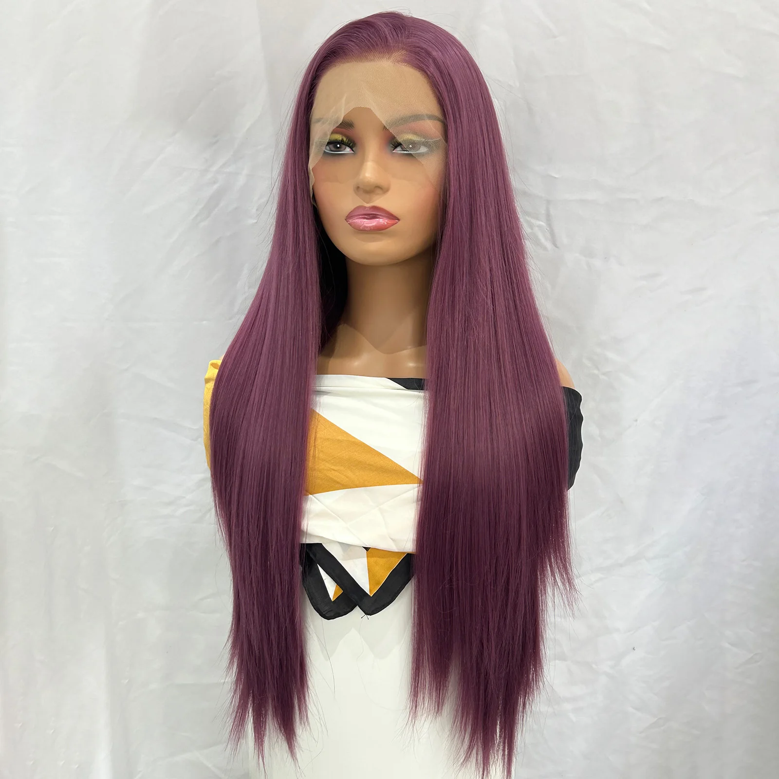 الأرجواني الداكن طويل حريري مستقيم الاصطناعية 13X4 الدانتيل الجبهة الباروكات للنساء جزء مجاني غلويليس ياكي غريب الملونة حفلة تأثيري استخدام