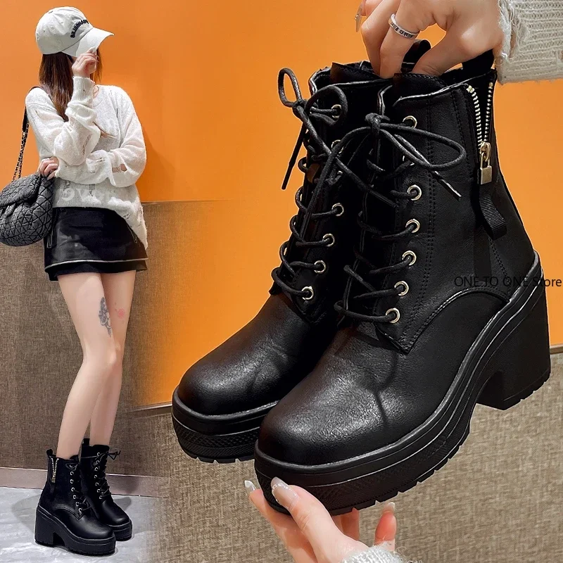 2025Women Winter Boots Winter Leather Snow Boots Women Shoes Thick Wool Warm Women High-heeled Boot High-quality Female Platform