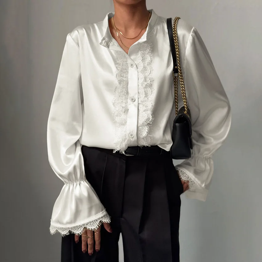 2026 Spring Women's Elegant Luxury White Satin Shirt Lace Detail Stand Collar Bell Sleeve Loose Fit Office Afternoon Tea Top