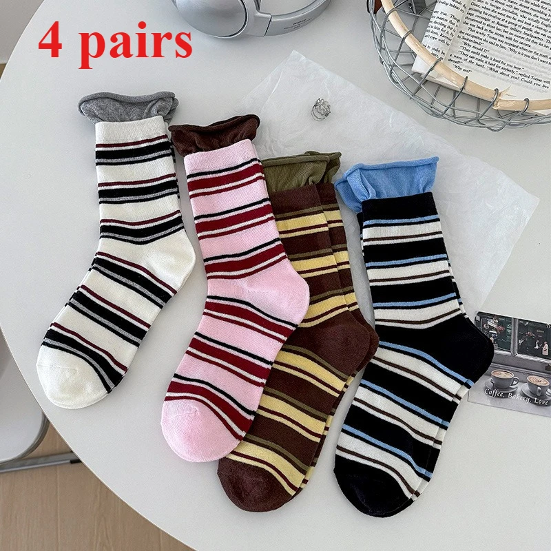 

4 Pairs of Spring New Socks Korean Contrasting Striped Patchwork Mid Tube Socks Versatile College Style Women's Socks