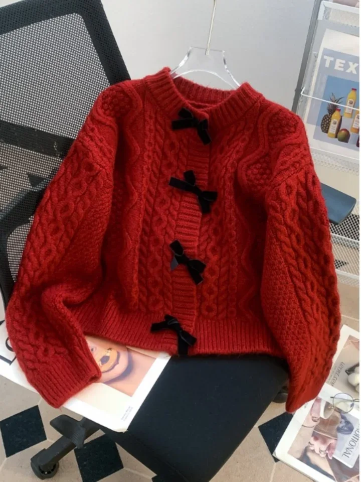 Słodki sweter z kokardą damski wiosenno-jesienny w stylu retro japońskim, miękki top w stylu lazy, z okrągłym dekoltem, z długim rękawem, luźny kardigan z dzianiny.