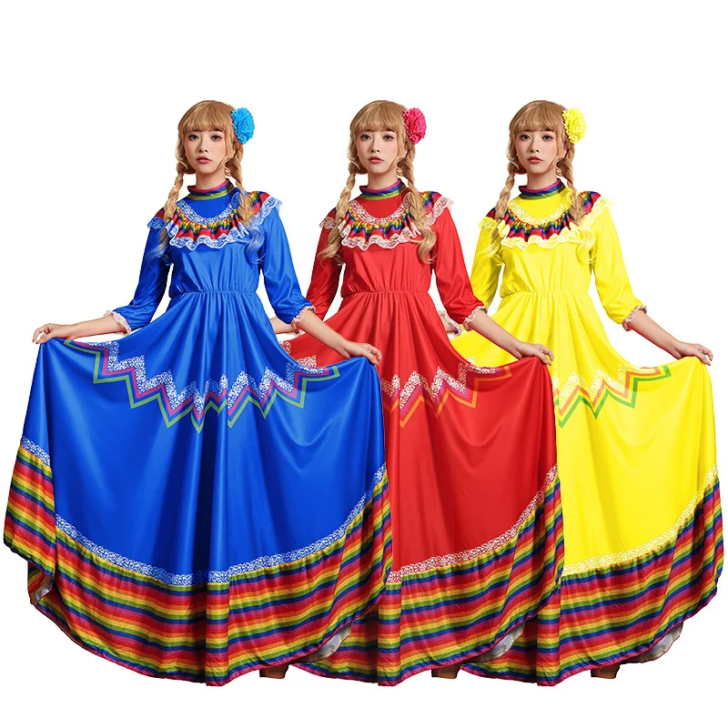 Jupe de danse à éléments mexicains avec couvre-chef, vêtements de spectacle de Festival à grand ourlet, multicolore, Style européen et américain