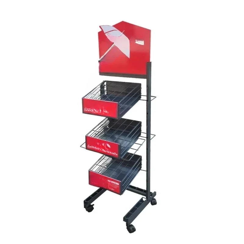 Retail Store Point of Sales Customized 3 Tiers Metal Shelf Stand With Wheels Display Rack for Umbrella