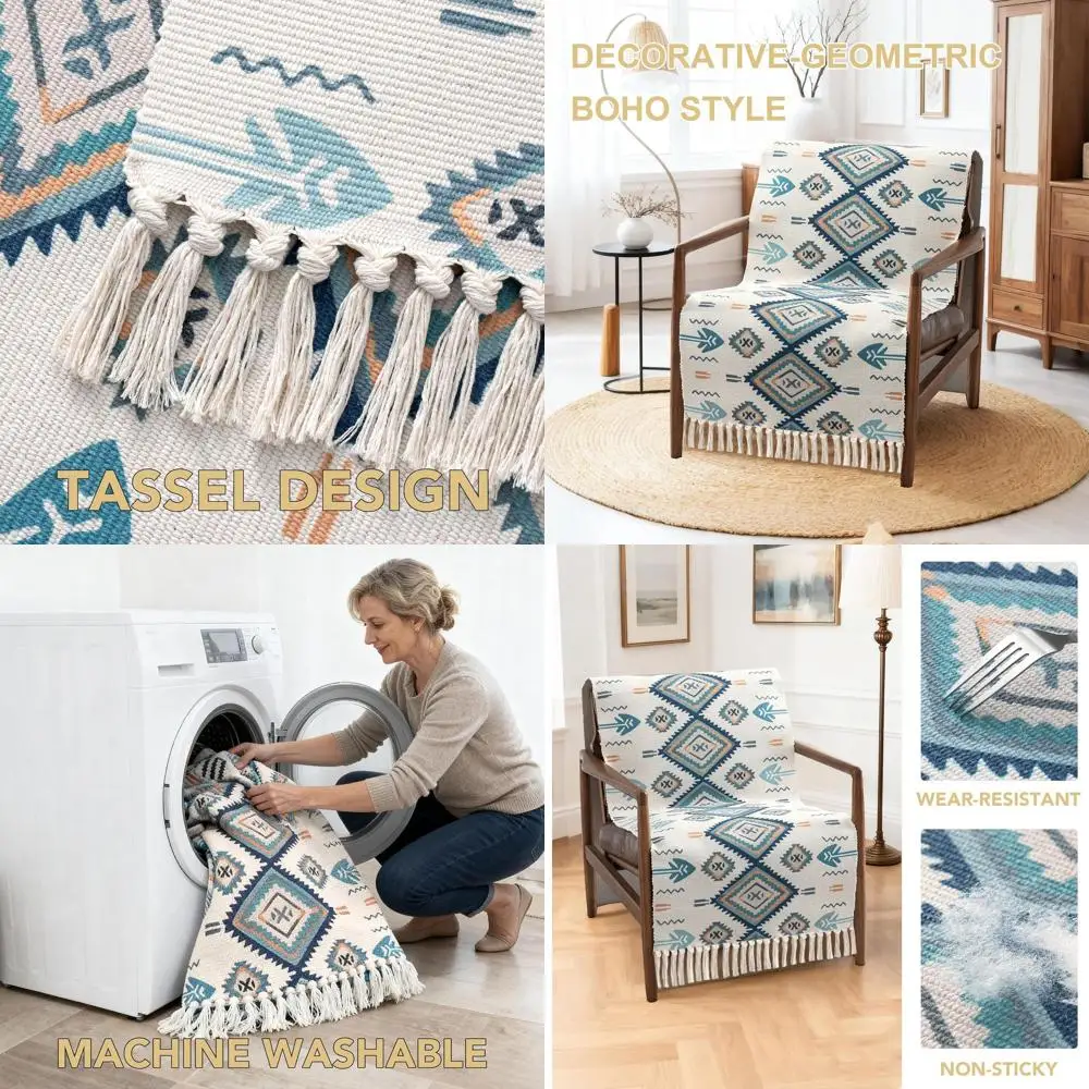 

Polycotton Bohemian Armless Chair Cover with Tassels, Geometric Design for Dogs, Washable Couch Blanket (24x63, Blue/Tan)