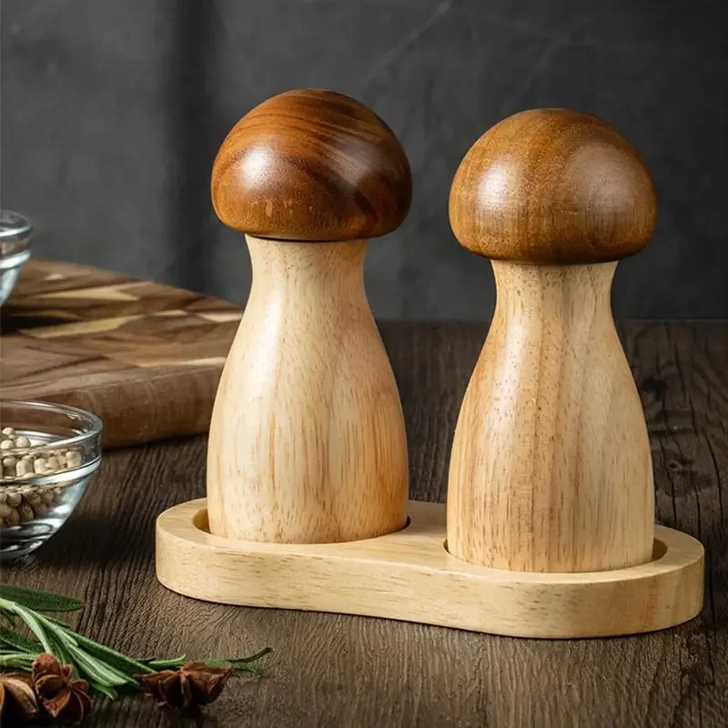 Creative Mushroom Wood Pepper Grinder Sea Salt Black Pepper Grinding Bottle Base Set Kitchen Spice Mill Wooden Salt Shaker