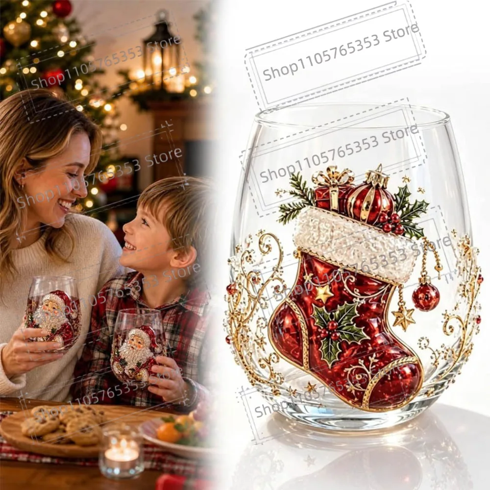3D Christmas Holiday Glass Art Cup Snowman Santa Reindeer Wreath Stocking Festive Drinkware for Friends Family