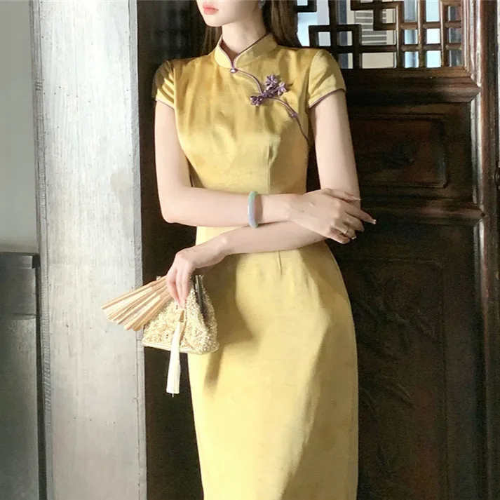 

8070, летнее новое длинное платье Cheongsam с высоким воротником и пуговицами на талии в китайском национальном стиле из ледяного шелка