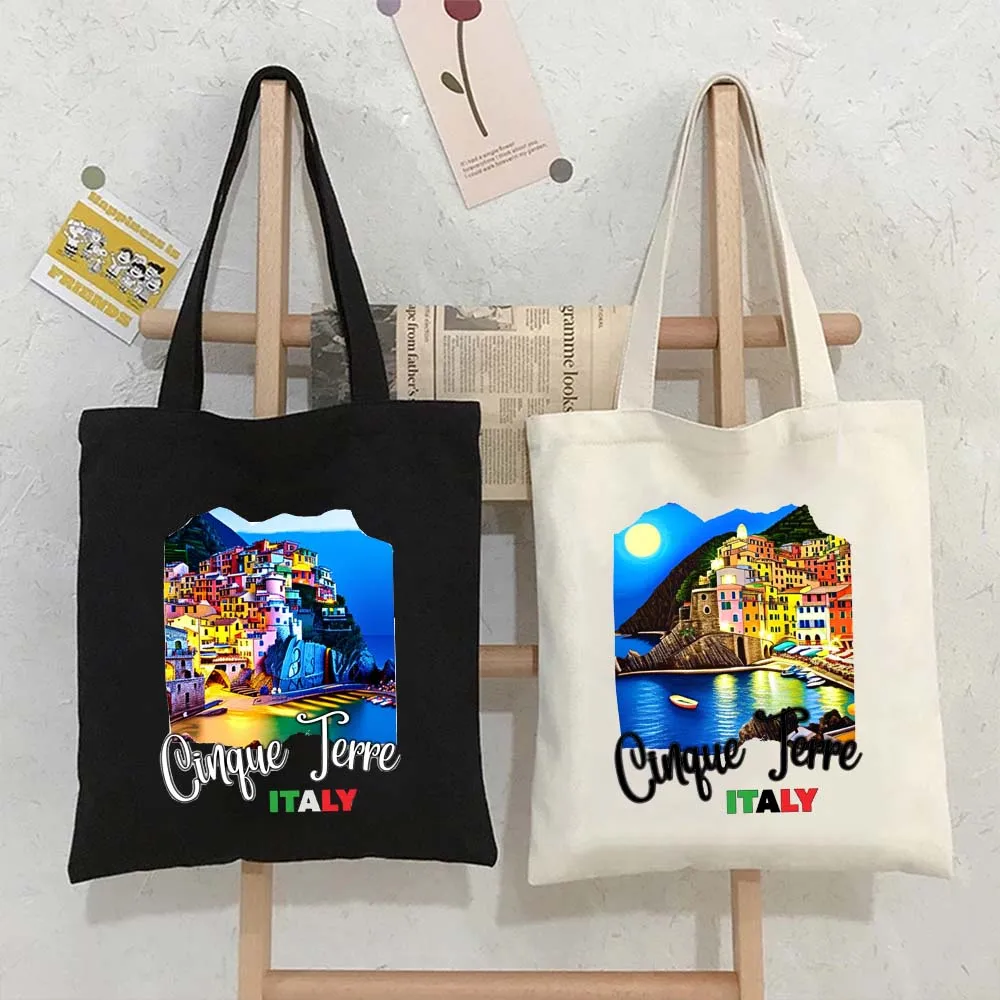 Italy Cinque Terre Watercolor Landscape Italia Painting Shopping Shoulder Canvas Tote Bags Harajuku Casual Beach Shopper Handbag