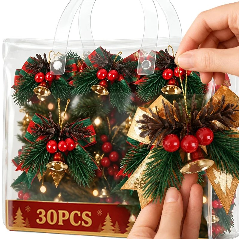 Mini Christmas Bowknot Bells Pinecone Red Berries Hanging Ornament Xmas Tree Gift Box Bells Home Holiday Party DIY Decor Pendent