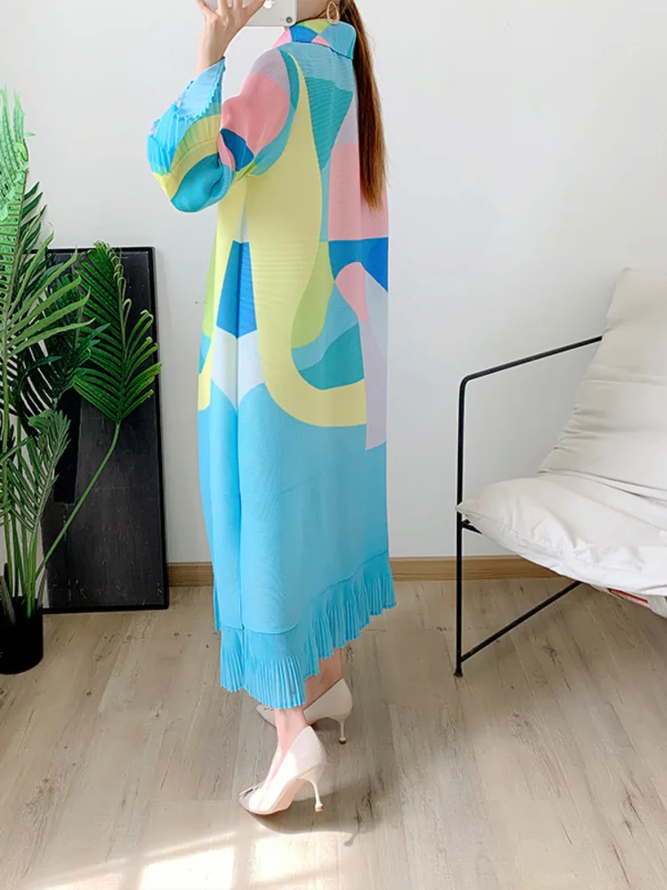 LANMREM Maxi Pleated Dress For Women Lapel Single Breasted Long Sleeves Color Block Tassel Hem Loose Chic Clothing Autumn 2R5928