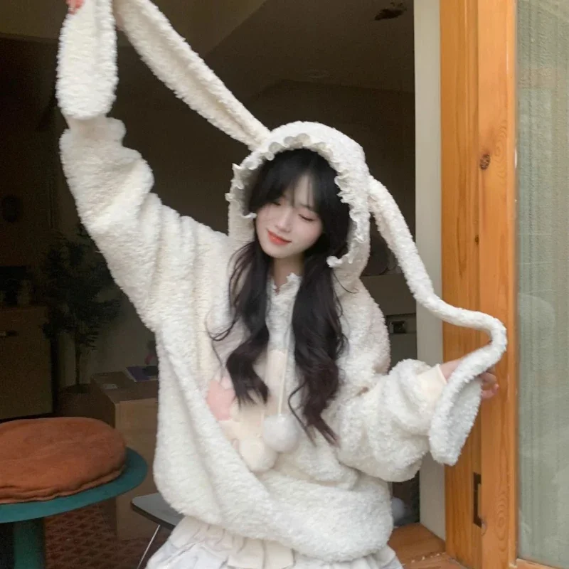 Autumn Winter Cute Rabbit Ears Hooded Lambswool Sweatshirt Sweet Loose Padded Thickened Kawaii Cream Color Women Hoodies Clothes