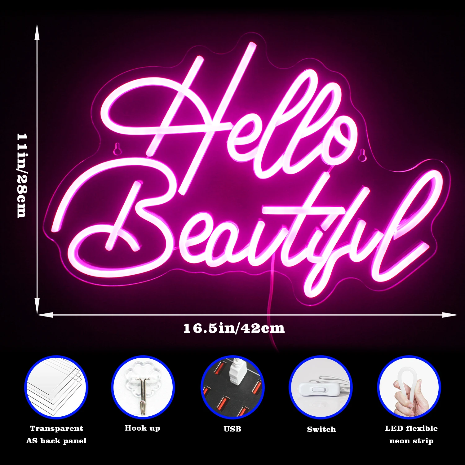 Hello Beautiful Neon Sign LED Room Wall Decor, USB 62, Switch Acrylic, Beauty Salon, Club, Bedroom, Party Art Decor