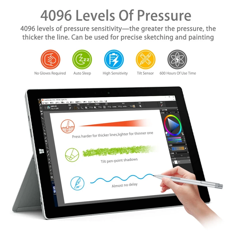 For Microsoft  Surface Stylus Pen Touch Capacitance Pen 4096 Levels Of Pressure With Tip Extractor+Tip -Silver