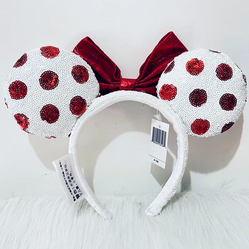 Disney Red And White Headband Mickey Ear For Adults Sequins Bow Headband Minnie Park Accessories Headwear