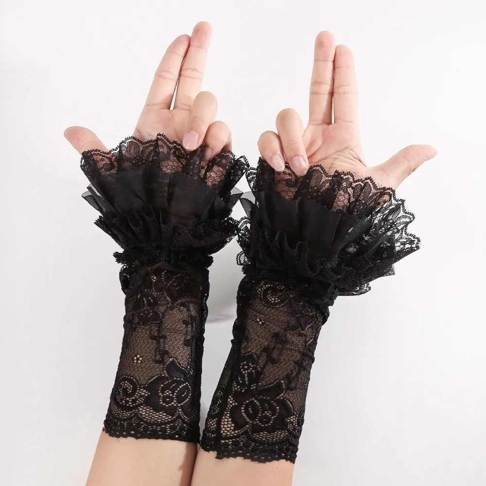 1pair Fashion Muti-Layer Fingerless Gloves Lace Long Horn Cuffs Mesh Flared Sleeves Sweater Decorative Girls
