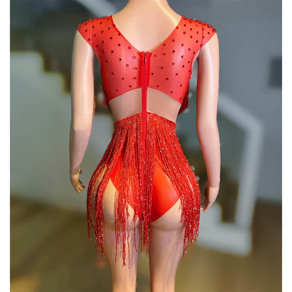 Sexy Latin Pole Dance Fringe Leotard Red Rhinestones Tassel Bodysuit Women Singer Dancer Costume Group Performance Stage Wear