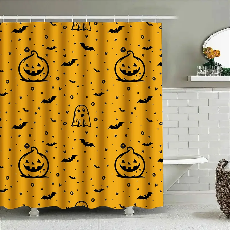 

1 шт., занавеска для душа с принтом летучей мыши на Хэллоуин для ванной комнаты, жуткий милый декор, черный и оранжевый узор