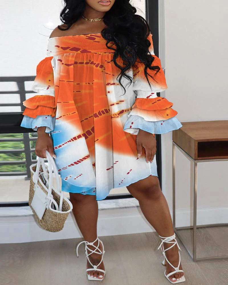 Plus Size Tie Dye Print Off Shoulder Casual Dress