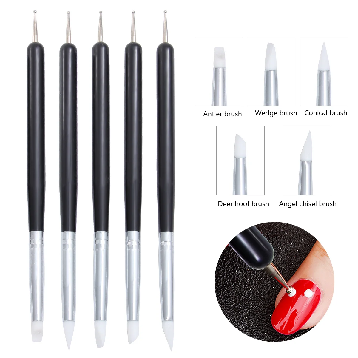 Conjunto de pincéis de silicone para arte em unhas, 5 peças, forro de desenho profissional, detalhes finos, ferramentas de pintura de unhas, kit de pincéis de manicure