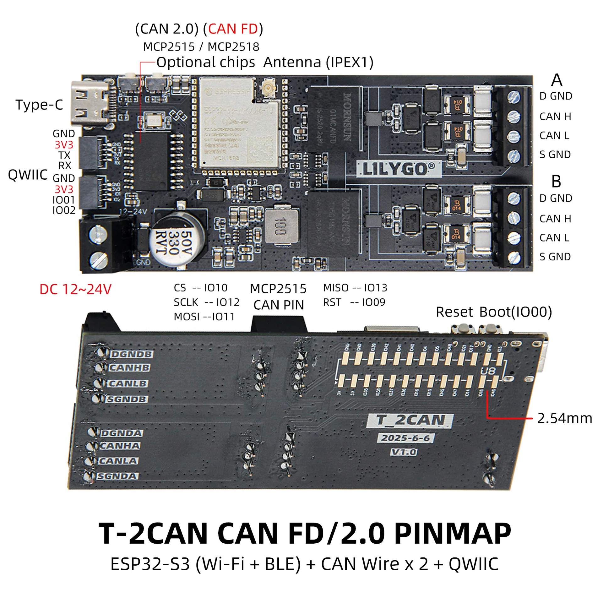 LILYGO T-2CAN ESP32-S3 Development Board WiFi Bluetooth CAN Bus Module with QWIIC Connector for Arduino IoT Project