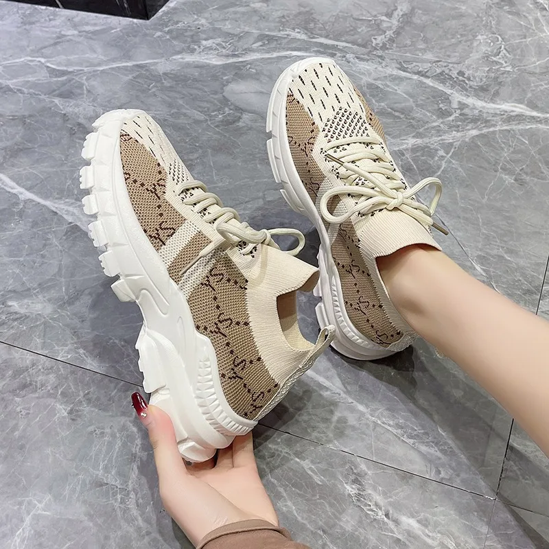 2026年新作、厚底スニーカー、通気性のあるニット素材、カジ - Knit Fabric Lace Up Sneakers のレビューと価格