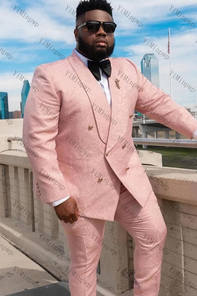 Setelan Jas Pria YiMinpwp Klasik Pink Jacquard Double Breasted Satin untuk Pesta, Tuxedo Resmi 3 Potong Blazer Ukuran XS-5XL