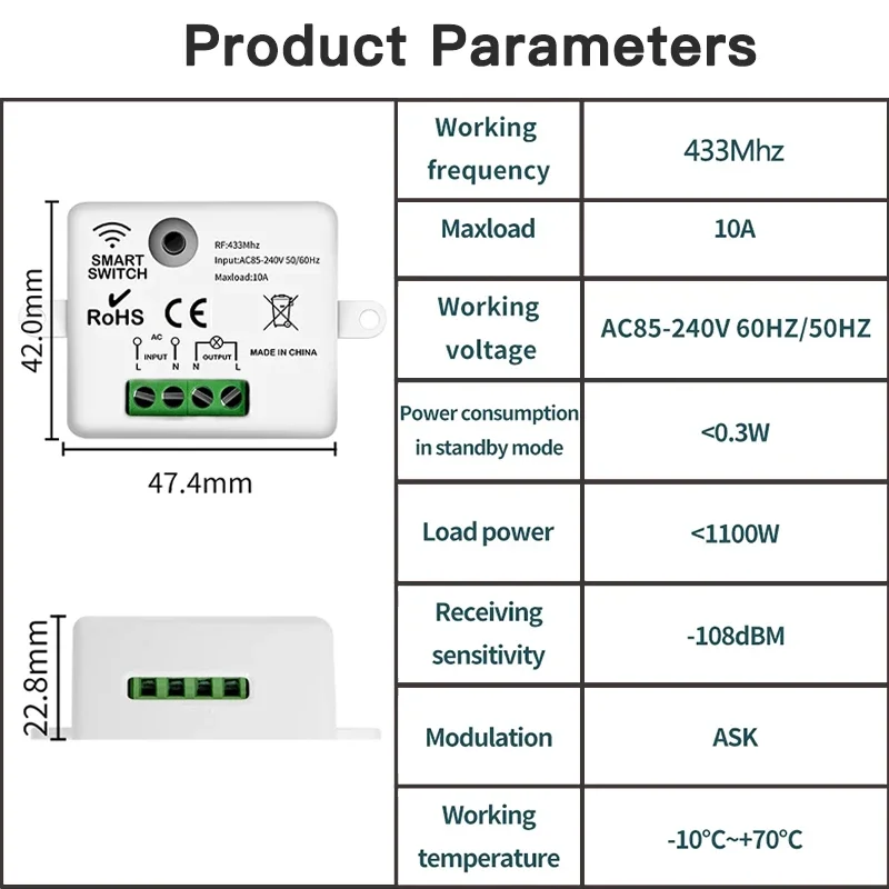 Artce rf433リレー受信機,ワイヤレスライトスイッチ,ミニリモコン,1ギャングおよび2入力ウォール送信機,LEDランプ,ファン,スマート,433MHz