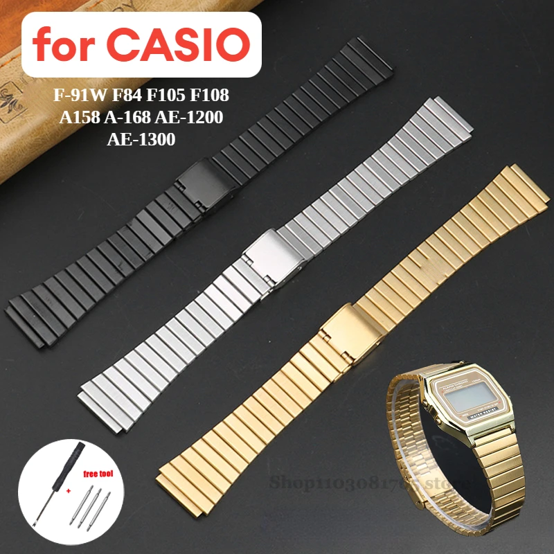 Metal Strap Watchband for Casio F-91W F105 F108 A158W A168 AE1200 AE1300 Universal Ultra-thin Stainless Steel Strap 18mm 20mm