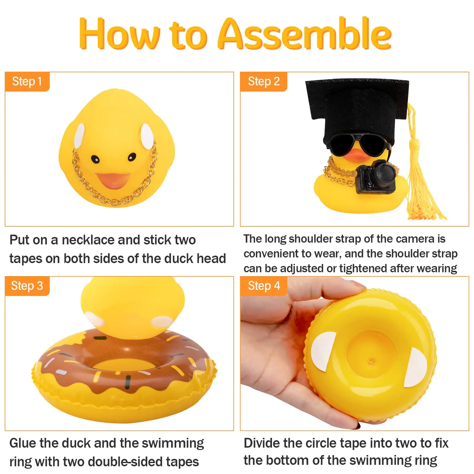 Rubber Duck Dashboard Decorations Camera Duck Car Accessories for Car Ornament with Mini Hat Swim Ring Necklace and Sunglasses