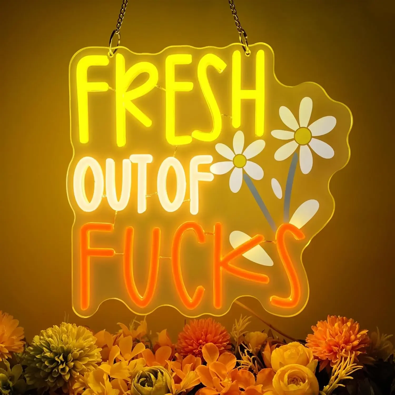 Fresh Out Of Fcks Neon Sign Funny Daisy LED Wall Art USB Powered Lamp Yellow Orange Decor Home Bar Party Aesthetic Hanging Light