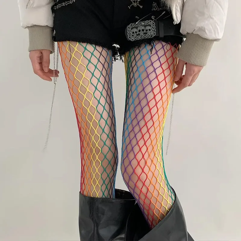 Y2K Rainbow Fishnet Stockings for Women Gradient Mesh Tights High Elastic Breathable Pantyhose Party Club Music Festival Cosplay