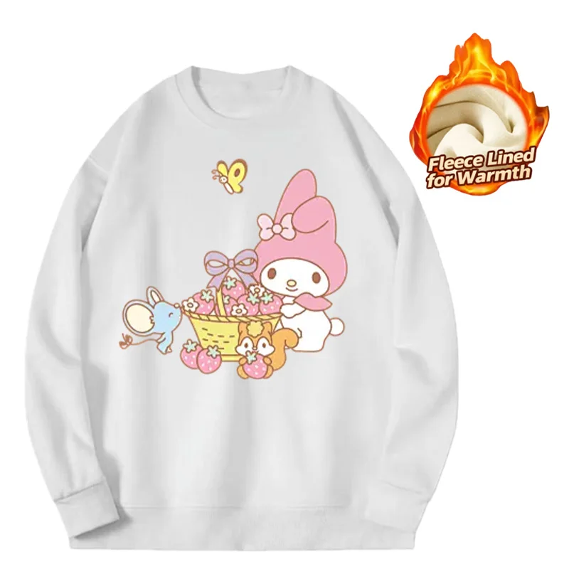 Bedrucktes Langarm-Oberteil der Sanrio-Serie mit Rundhalsausschnitt, süßes und warmes, mit Fleece gefüttertes Langarm-T-Shirt mit Rundhalsausschnitt, 100 % Baumwolle