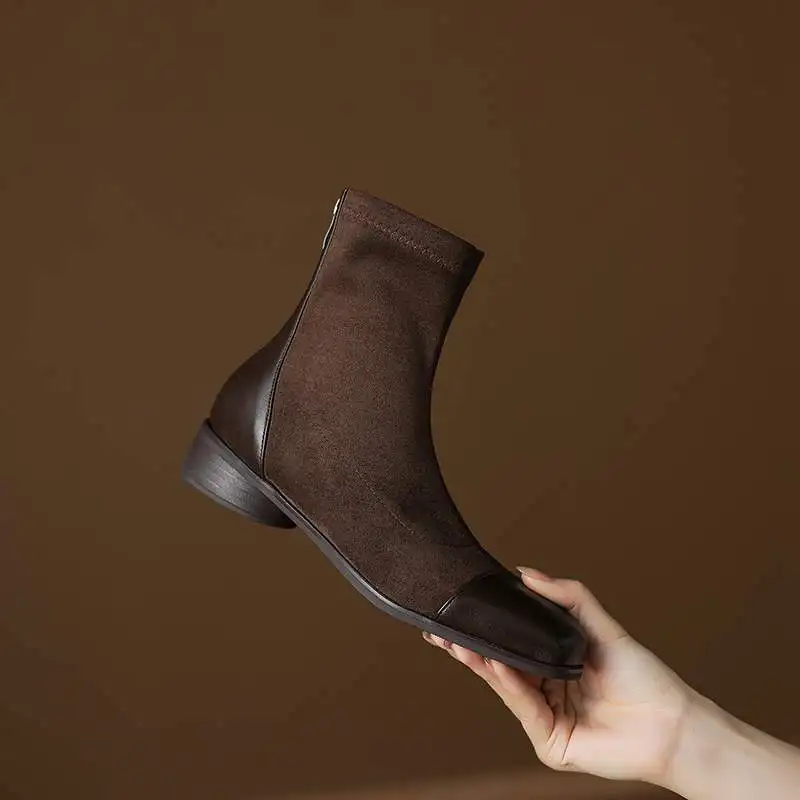 Krazing Pot Microfiber Flock Square Toe Med Heels Zipper Chelsea Boots Keep Warm Winter Shoes Patch Work Stretch Ankle Boots