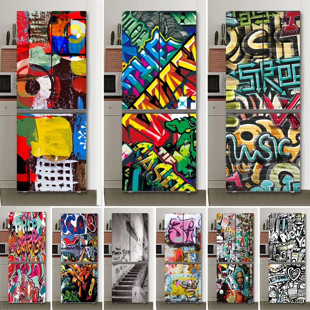 

PVC Graffiti Printed Self-adhesive Stickers Refrigerator Waterproof Wallpaper Kitchen Decoration Refrigerator Decal Wallpaper