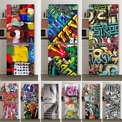 PVC Graffiti Printed Self-adhesive Stickers Refrigerator Waterproof Wallpaper Kitchen Decoration Refrigerator Decal Wallpaper