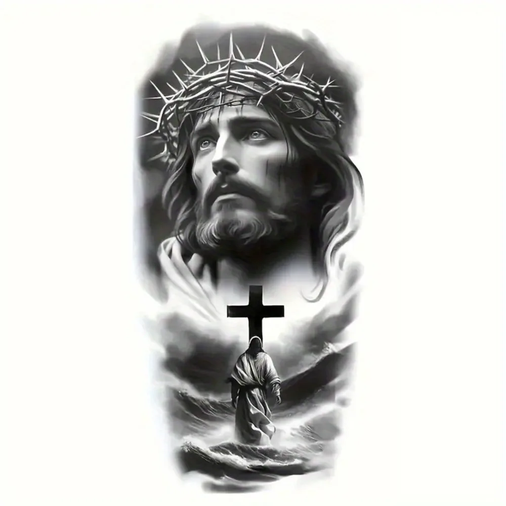 

Large 7 Inch Jesus Black and White Religious Sticker Glossy Self Adhesive Vinyl Decal with Crown of Thorns& Cross Durable