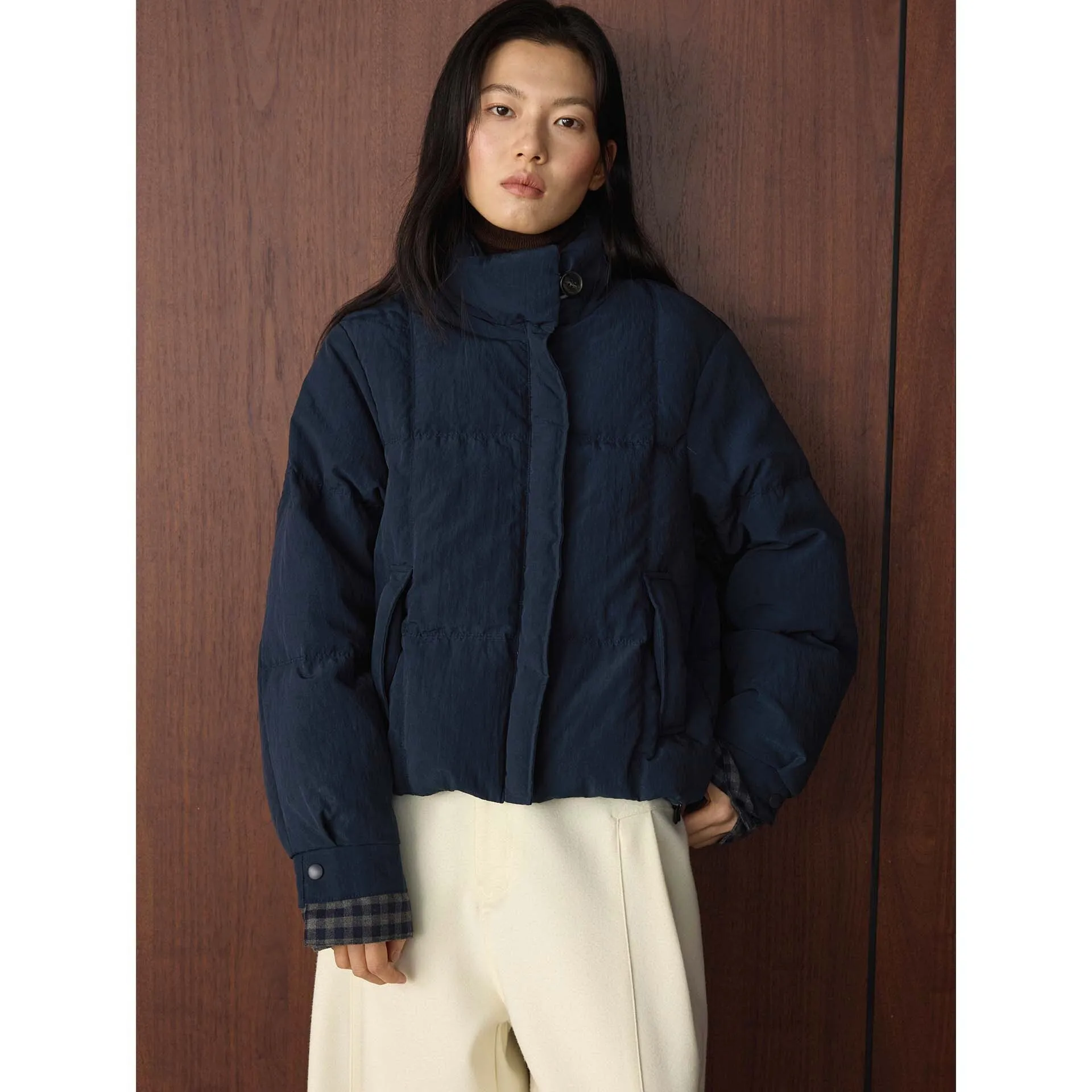 Winter Plaid Color-block Short Down Jacket Warm Coat For Women