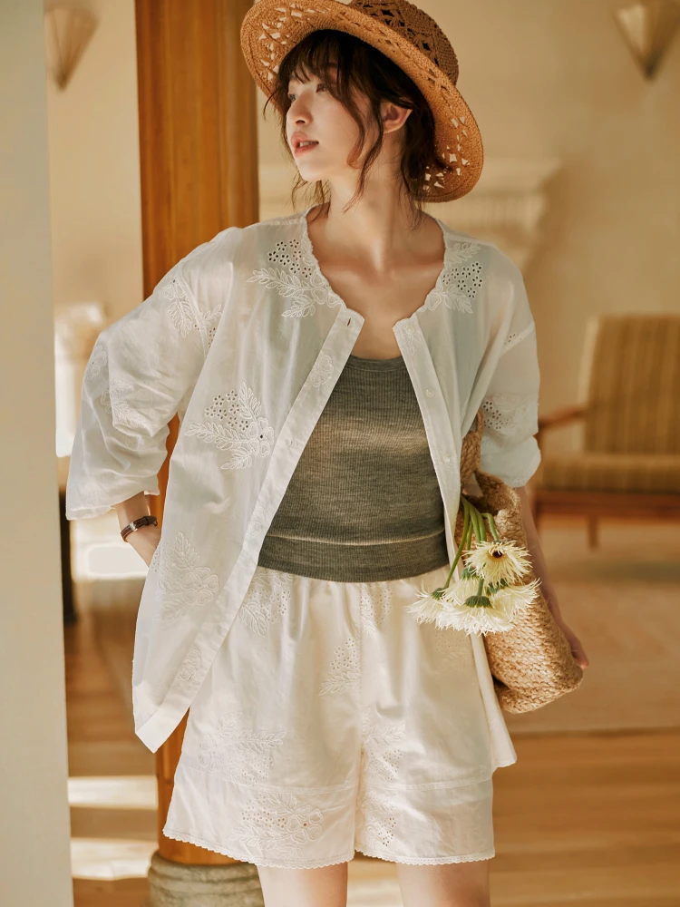 

VIMIE2025 Romantic Embroidered Faion Set Loose Long Sve White irt Women Elastic Waist orts Cotton Button up Two Piec...