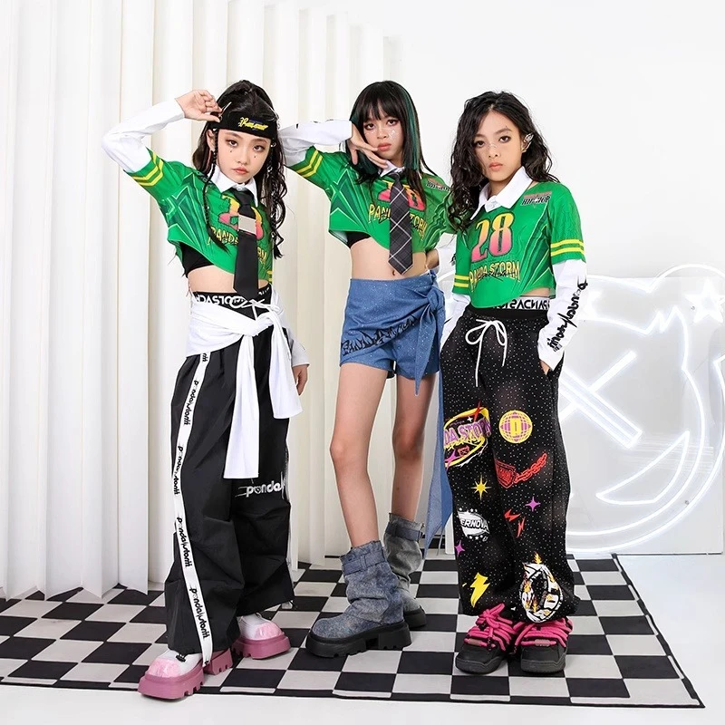 

Одежда в стиле хип-хоп для девочек, зеленый укороченный топ, мешковатые брюки, модные костюмы для джазовых танцев, групповая уличная одежда, костюм для сцены для мальчиков