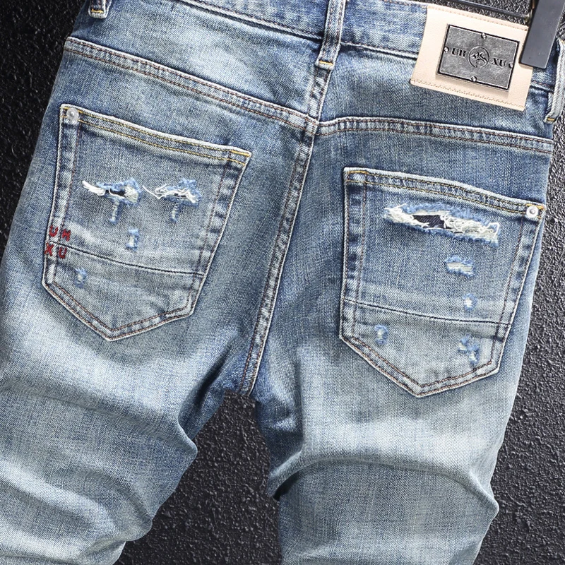 Italian designer's fashionable new light blue men's jeans with cracks, wrinkles, nostalgic stretch, slim fit, casual pants Y2K