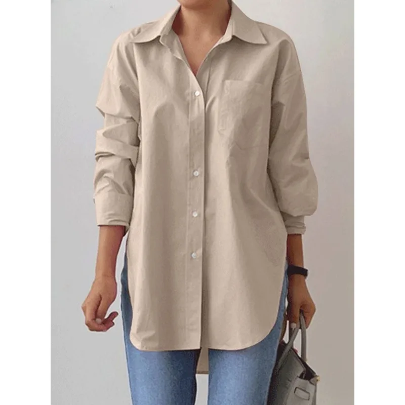 

2024 Spring Elegant Blouse Stylish Women Lapel Neck Long Sleeve Shirt Loose Solid Split Hem Tops Oversize OL Work Blusas