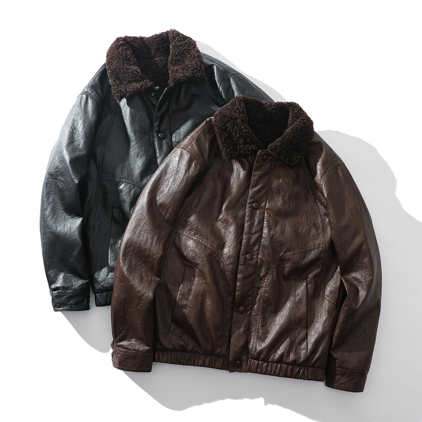 

Warm Fce Lined Men's PU Leather Jaet Coat Inteated Fur Inner Youth Casual Long Sve Regular Fit Single Button Closure