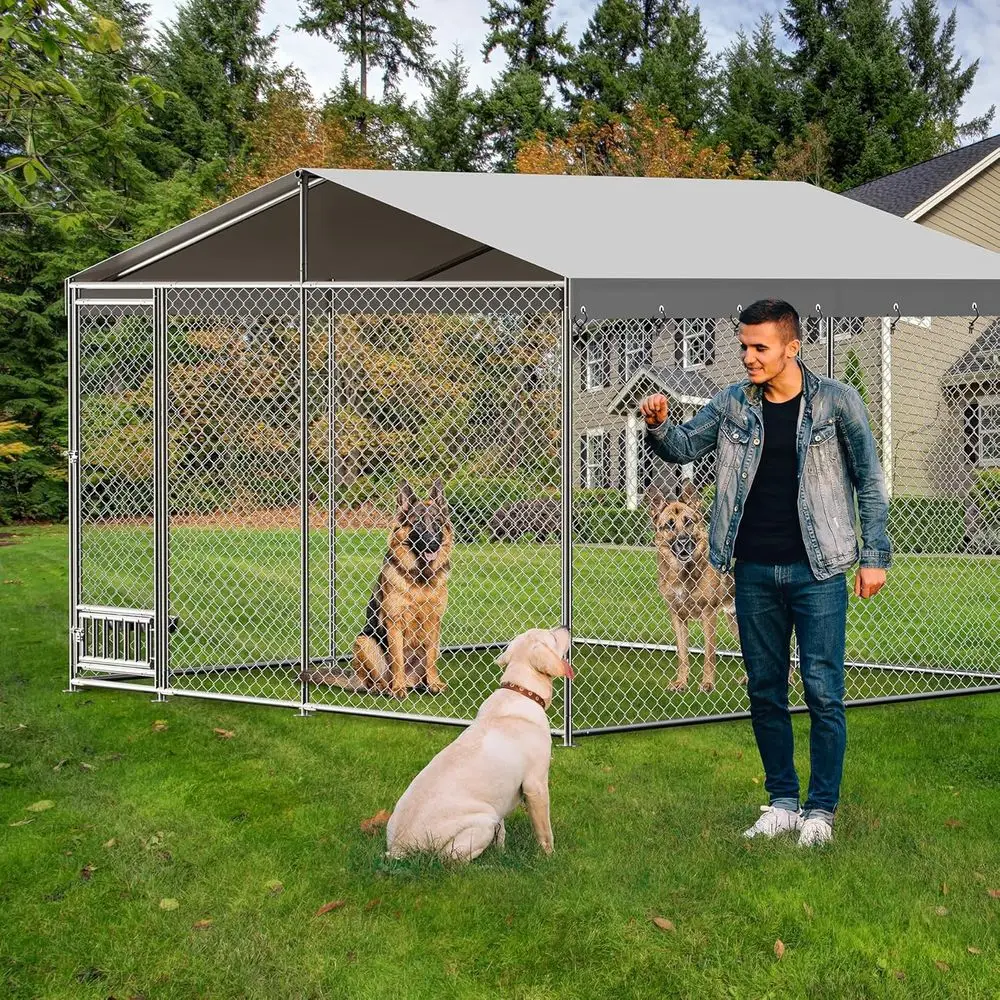 

Outdoor Dog Kennel, 10 x 10 FT Heavy Duty Metal Dog Cage with Waterproof Cover Proof, Chain Link Large Dog House with Secure Loc