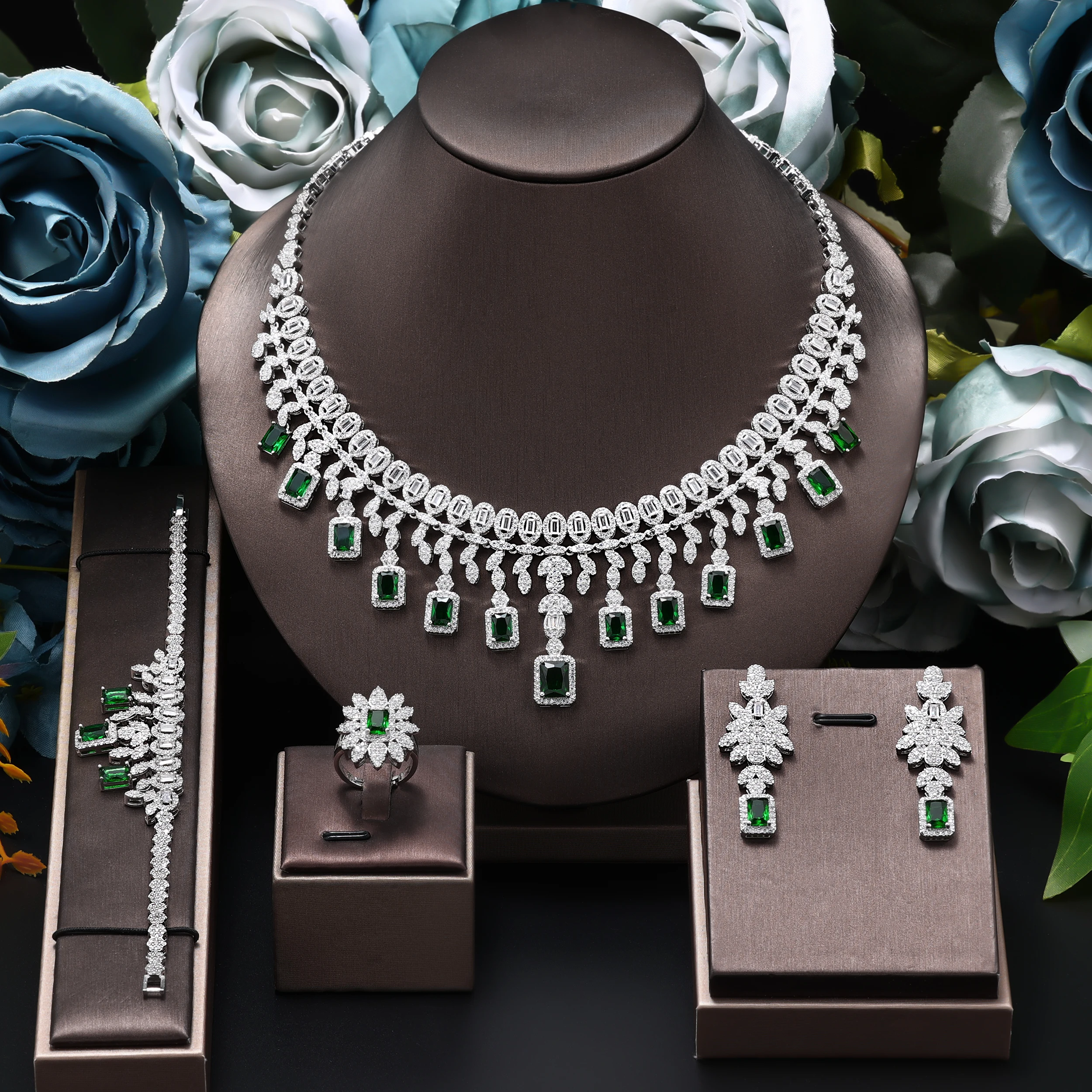 

4pcs Jewelry Green Cubic Zirconia Nigerian African Bride Luxury Bridal Wedding Party Jewelry Set for Women Dress Accessories